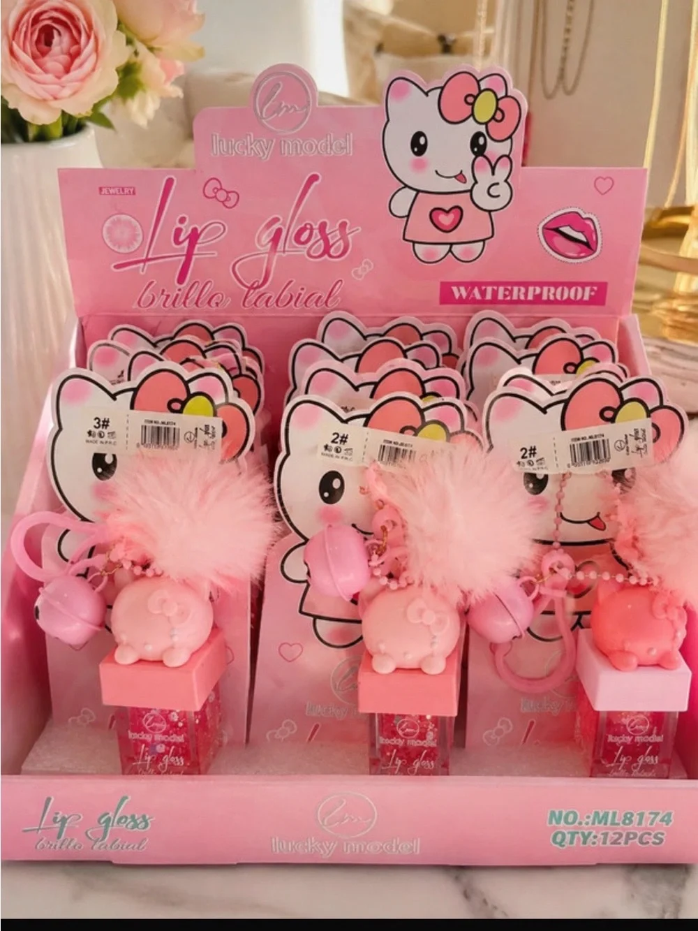 Pink Lip Gloss with Pom Pom Keychain